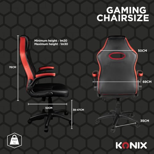 Konix Silla de Oficina Gaming Omega - Inclinación del Asiento de 15° - Revestimiento de Cuero sintético PVC - Negro y Rojo