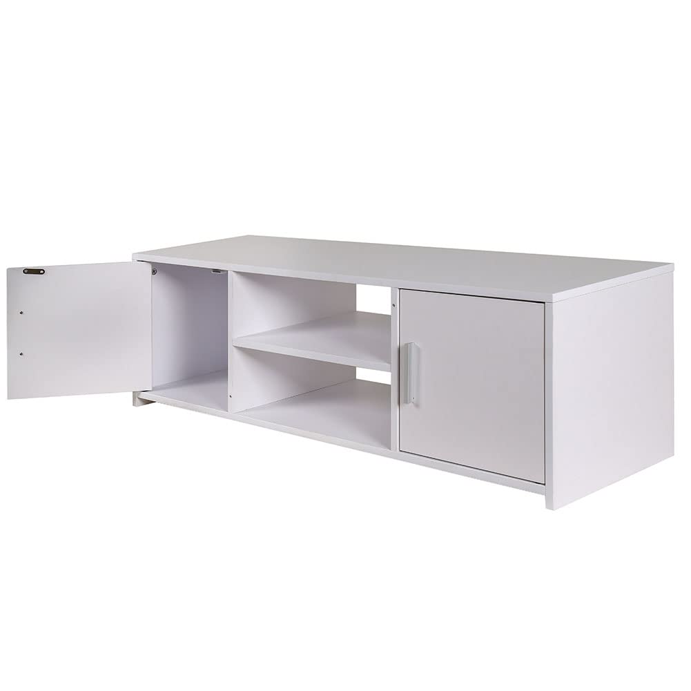 BAKAJI Mueble de TV de Madera MDF aparador con Base de televisión, 2 Compartimentos Abiertos, para Videojuegos y 2 Puertas, tamaño 110 x 35 x 36 cm, Color Blanco, diseño Moderno