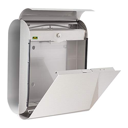 BURG-WÄCHTER Buzón inox con portaperiódicos integrado, COSMO 3765 NI, Tope de apertura, Formato de inserción A4, Norma EU EN 13724, Incl. 2 Llaves, Acero inoxidable