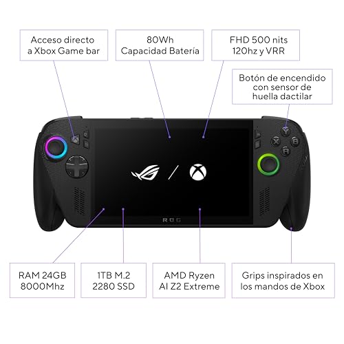 ASUS ROG Xbox Ally X - Consola Portátil Gaming 7" Full HD 120Hz (AMD Ryzen AI Z2 Extreme, 24GB RAM, 1TB SSD, Batería 80Wh, Windows 11, Consigue 3 meses gratis de Game Pass Premium) - Color Negro