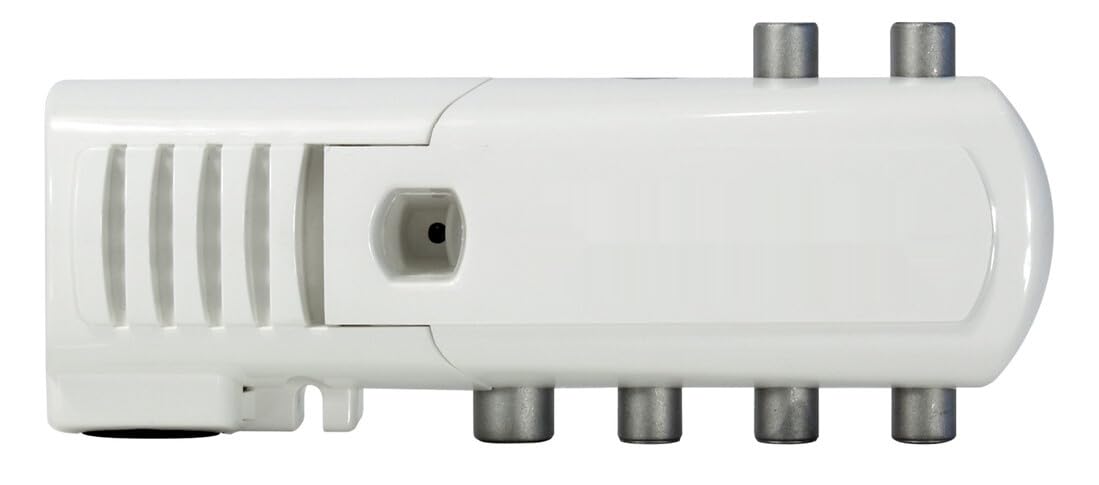 Amplificador MATV de vivienda 1E-4S+TV, potencia de amplificación ajustable, mejora la señal de televisión y distribución en interiores.