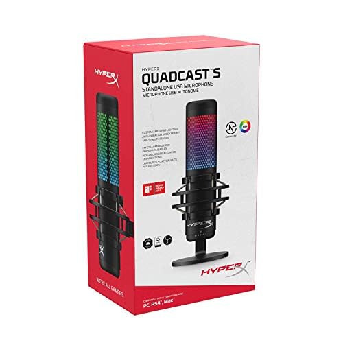 HyperX QuadCast S - Micrófono de condensador USB, iluminación RGB, soporte de choque antivibración, cuatro patrones polares, filtro pop, control de ganancia, para PC, PS4, PS5 y Mac, Negro