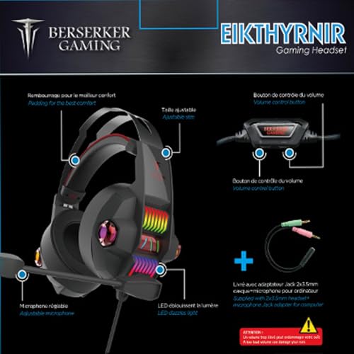 BERSERKER Auriculares Gaming con Micrófono, 40mm, Cable 2.1m, RGB LED, Compatible con PS4/Xbox One/Switch/PC