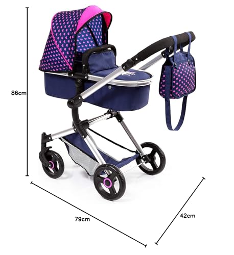 Bayer Design 18454AA Cochecito para muñecas Neo Vario con bolso cambiador y cesta de la compra, convertible en coche deportivo, altura ajustable, moderno, azul con patrón de unicornio y corazón