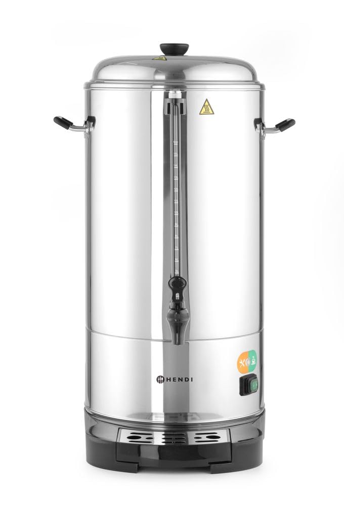 HENDI Percolador de café, de doble pared, con filtro incorporado, grifo antigoteo, para café molido grueso, no necesita filtro de papel,16L, 230V, 1500W, 386x393x(H)641mm, acero inoxidable 18/0