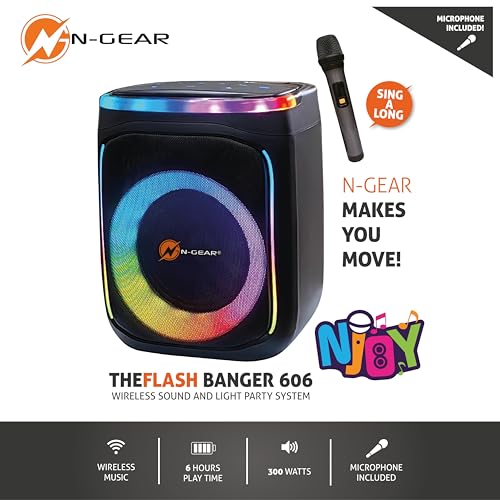N-Gear Flash Banger 606 - Altavoz Bluetooth portatil con Luces - Party Altavoz de 300W con micrófono inalámbrico y batería integrada - 6 Horas de reproducción