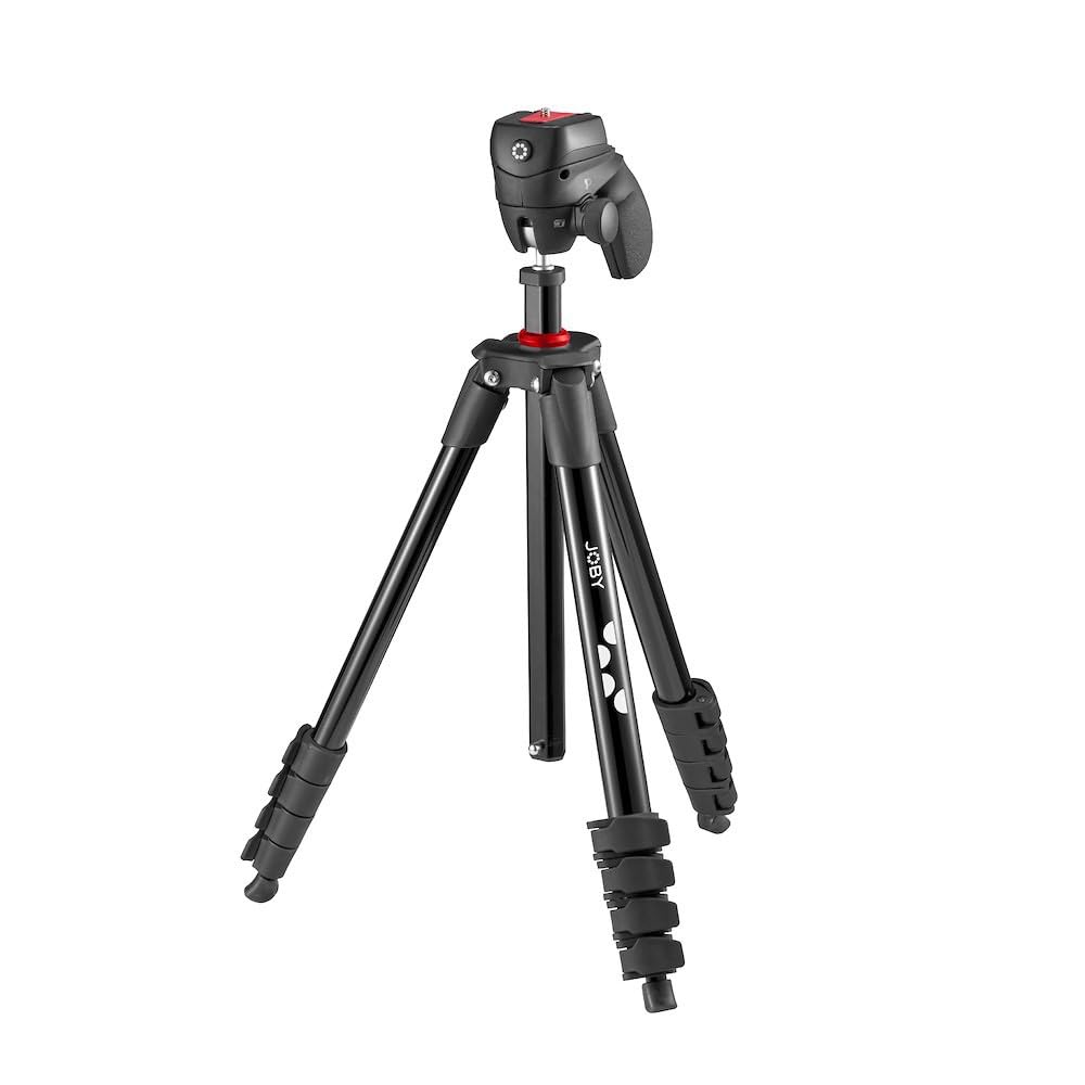 JOBY Compact Action Tripod, Trípode de Cámara con Rótula, Montura Universal de Liberación Rápida ¼-20 pulg. y Bolsa, para CSC, DSLR, Sin Espejo, Teléfono Móvil, Negro para Fotografía, Vídeo, Vlogging
