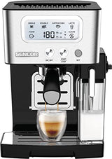SENCOR - Cafetera espresso con espumador y depósito de leche, pantalla LCD, bomba italiana de 15 bares, Precalentamiento rápido, Thermoblock, Barista Express, Café en polvo o en cápsulas [4090SS]