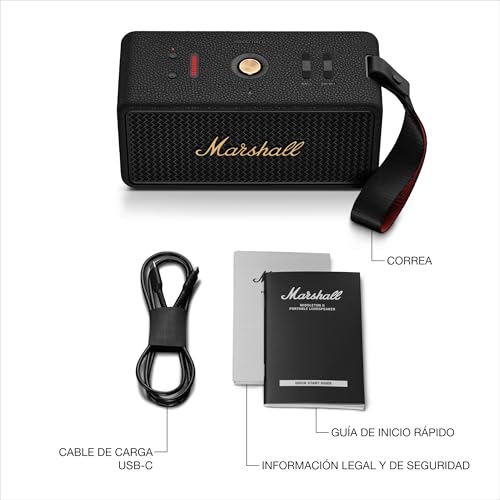 Marshall Middleton II Altavoz Bluetooth portátil con más de 30 Horas de reproducción y Resistencia al Agua IP67 - Negro y latón