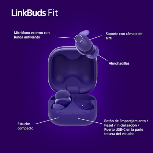 Sony LinkBuds Fit – Auriculares bluetooth True Wireless con Noise Cancelling - Cómodos todo el día, IPX4, Hi-Res Audio, Ambient Sound Mode, 21 h autonomía, conexión multipunto, iOS y Android - Violeta