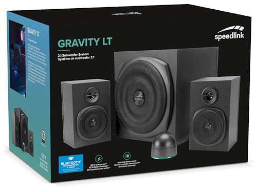Speedlink Gravity LT Altavoz para PC Sistema de Sonido 2.1 Bluetooth - con subwoofer de Madera, Sistema de Altavoces Activos de 80 vatios, Conector AUX de 3,5 mm, Mando a Distancia RGB, Negro