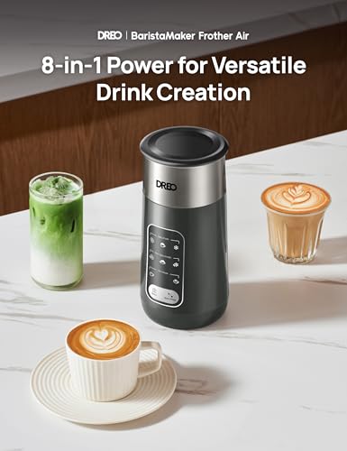 Dreo Espumador de leche, espumador eléctrico 8 en 1 para café latte art, 270 ml, espuma caliente y fría, espumadores automáticos para leche láctea y no láctea, LED, fácil de limpiar, aire BaristaMaker