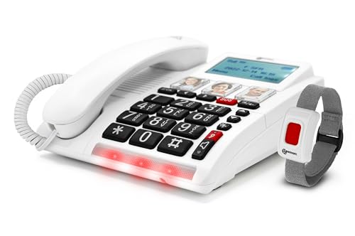 Geemarc CL9000 - Teléfono de Emergencia para el Hogar y su Pulsera SOS Impermeable con Botones Grandes, Volumen Amplificado y Pantalla Retroiluminada - Funciona Sólo con Tarjeta SIM