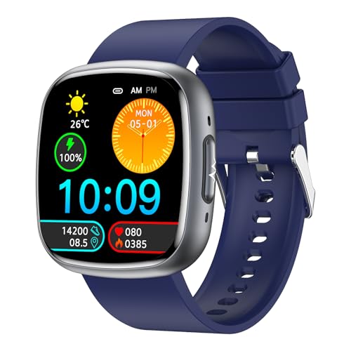 Knauermann Neo 2 (2025) - Negro Rectangular - Reloj de Salud Smartwatch - ECG - Función HRV - Bluetooth BT - Apnea del Sueño - Presión Arterial - Banda de Silicona Azul, Negro, Höhe: 42mm; Breite