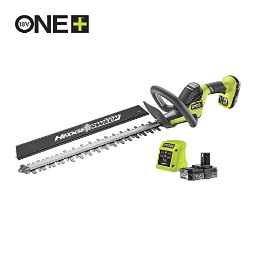 RYOBI - Cortasetos 18V One+ con Batería 18V One+ 2,0 Ah y Cargador 1,5A - Espada 50cm, Capacidad máx. 24mm, Velocidad 2700 RPM - Recogedor de Residuos HedgeSweep, Funda Protectora - RY18HT50A-120