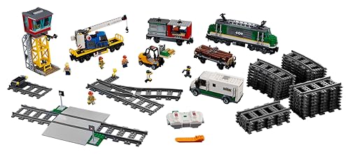 LEGO City Tren de Mercancías con Vehículo Teledirigido - Camión de Juguete, Carretilla Elevadora, 32 Piezas de Vía y & Minifiguras - Regalo para Niños y Niñas de 6+ Años 60198