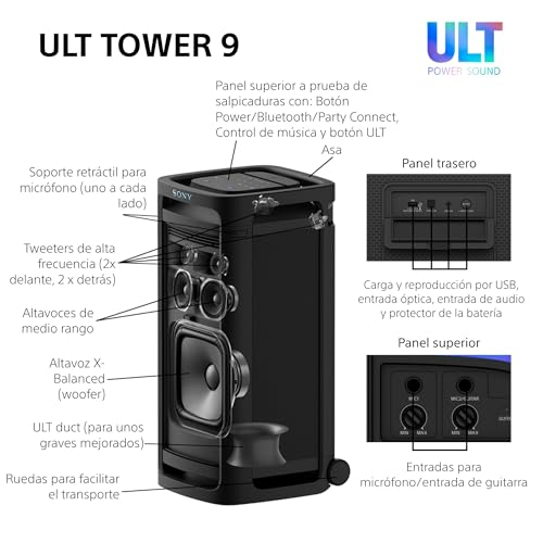 Sony ULT Tower 9, Ultimate Bluetooth Party Speaker, 25 H de batería y alimentación de Red, 2 Modos ULT Power Sound, X-Balanced Speaker, 360 Luces y Sonido, entradas de Karaoke, Negro