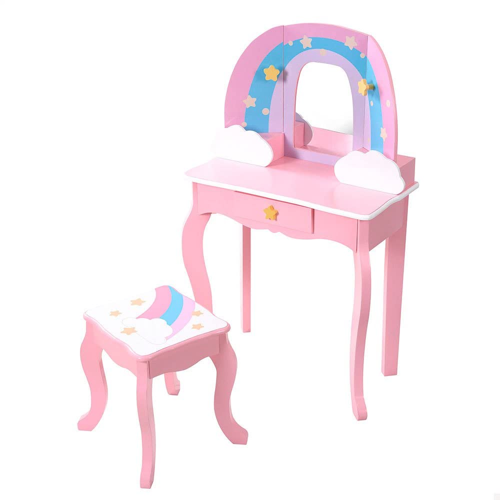 WOOMAX Teamson Kids - Tocador Infantil para niñas Arco Iris con Taburete y Espejo, Juguetes de Madera, Maquillaje para niñas (85397)