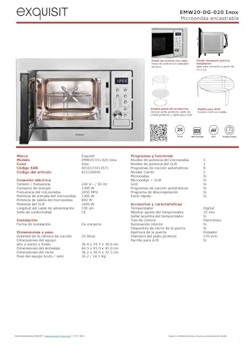 Exquisit® Microondas Combi de Encastre, 20L, 800W, Grill 1000W, Acabado en Acero Inoxidable, 8 Programas Automáticos, Display Digital, Plato 27Cm, Medidas 38,6x59,5x37,5 Cm.