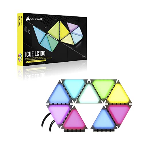 Corsair iCUE LC100 Paneles de iluminación para chasis - Minitriángulos - Kit de inicio de 9 paneles (81 LED con difusión de la luz, Sencillo acoplamiento magnético, iCUE Lighting Node PRO incluido)