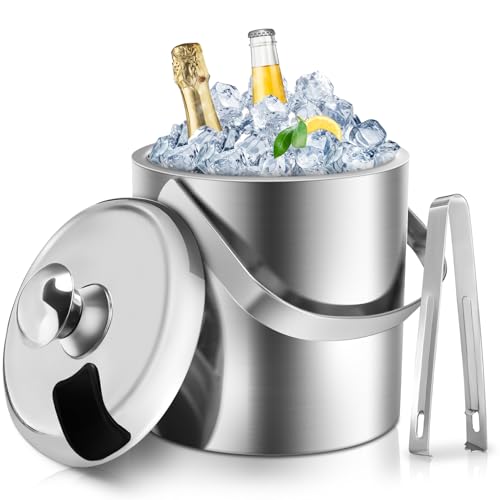 Sailnovo 1.3L Ice Bucket with Tongs & Strainer, Double Wall Ice Bucket for Parties and Cocktail Bar