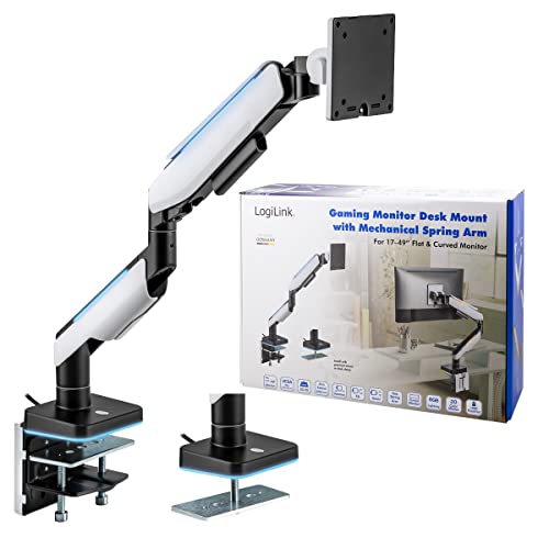 LogiLink Soporte para Monitor de 17 a 49" con Resorte de Gas, Soporte de Mesa o Montaje de Agujeros de Mesa, Capacidad de Carga de hasta 20 kg, diseñado para Gamer con Efecto de iluminación