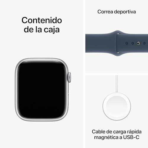 Apple Watch Series 9 [GPS + Cellular] Smartwatch con Caja de Aluminio en Plata de 45 mm y Correa Deportiva Azul tempestad - Talla S/M. Monitor de entreno, App Oxígeno en Sangre, Resistencia al Agua