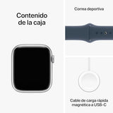 Apple Watch Series 9 [GPS + Cellular] Smartwatch con Caja de Aluminio en Plata de 45 mm y Correa Deportiva Azul tempestad - Talla M/L. Monitor de entreno, App Oxígeno en Sangre, Resistencia al Agua