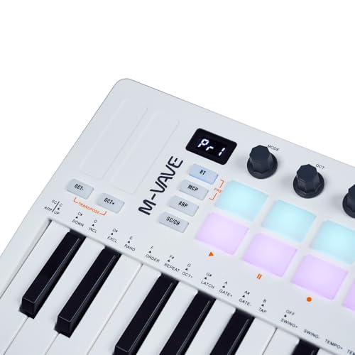 M-Vave SMK 25 MKII - Teclado Controlador Inalámbrico BT Midi con 16 Drum Pads Retroiluminados, 8 Botones, Arpegio, USB, Blanco