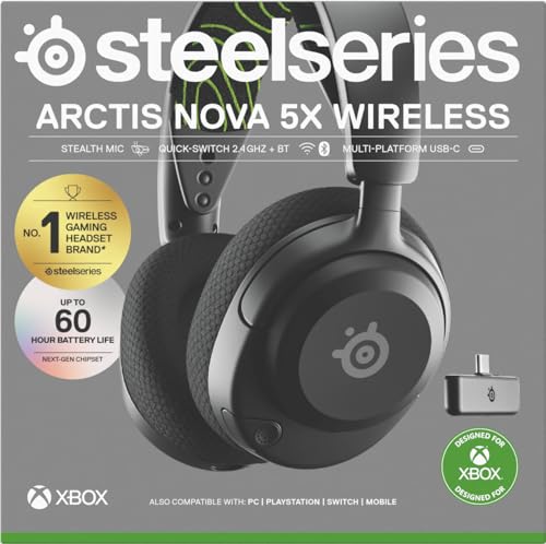 SteelSeries Arctis Nova 5X Cascos Xbox Inalámbricos - Xbox, PC, Switch 2, móvil - Controladores magnéticos de neodimio - Más de 100 preajustes - Batería de 60 horas - 2,4 GHz o BT - Micro Gen2.X