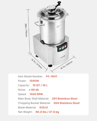 VEVOR Procesador de Alimentos y Picadora de Verduras, Acero Inoxidable de Grado Alimenticio 18 L con Cuchilla en Forma de S y Raspador, para Picar Verduras, Frutas, Granos y Nueces, 425 x 373 x 710 mm