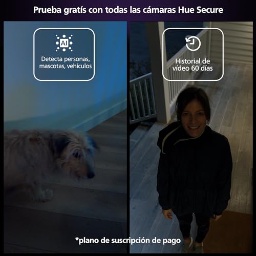 Philips Hue Secure Cámara de Video Vigilancia Inteligente con Base, para Exteriores o Interiores, Versión con Cable, Full HD Video, Control de Seguridad e Iluminación en Una Sola App, Negro