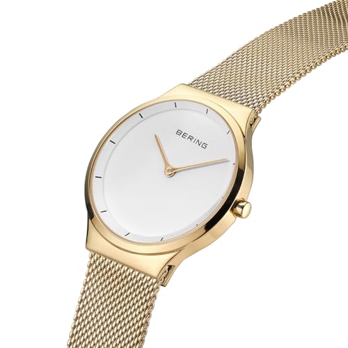 BERING 12131-339 Reloj de cuarzo para mujer con caja de acero inoxidable de 31 mm con acabado dorado y esfera blanca, correa milanesa, cristal de zafiro y resistencia al agua de 3 ATM