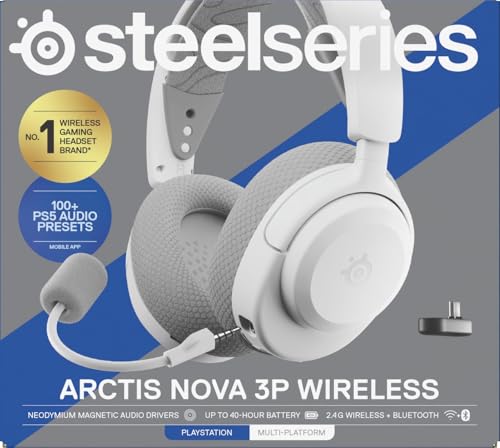 SteelSeries Arctis Nova 3P Wireless Auriculares Gaming multiplataforma - App - Batería 40h - Controladores magnéticos de neodimio - 2,4 GHz/Bluetooth - Micro extraíble - PS5, PS4, PC, Switch -Blanco