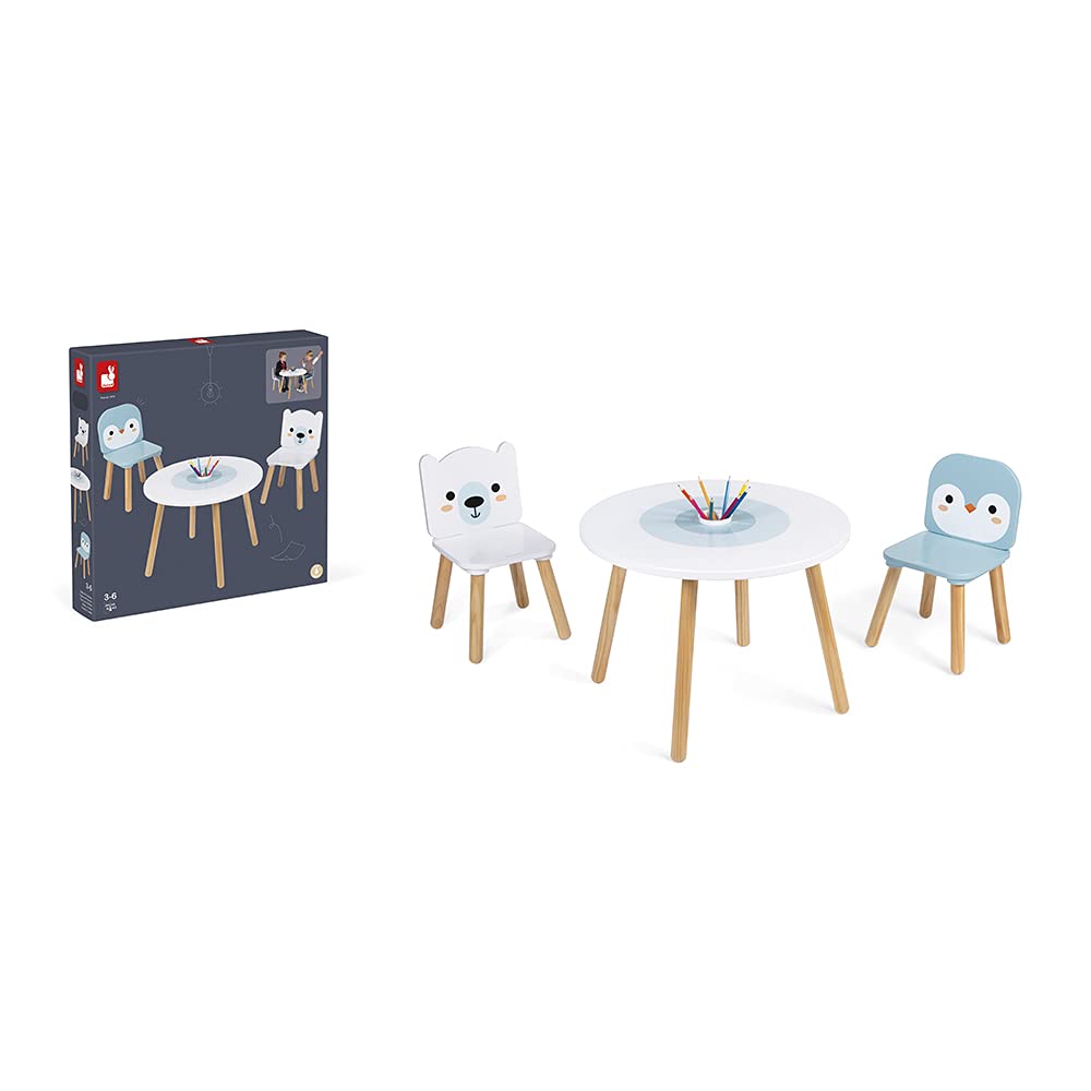 Janod - Mesa y 2 sillas de madera con forma de témpano - Mesa infantil redonda con portalápices extraíble - 1 silla con forma de oso polar y 1 silla con forma de pingüino - A Partir de 3 años, J09650