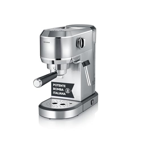 SEVERIN Máquina de café espresso Newspresa, máquina de portafiltro, bomba ULKA con 20 bares, boquilla espumadora de leche, depósito de agua de 1 L, para una o dos tazas, acero inox 1.350 W, KA 5997