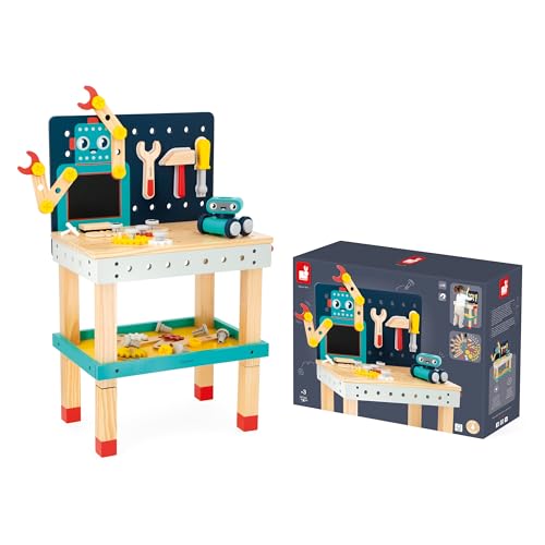 Janod - Mesa Grande Robot Brico'Kids - Juego de Bricolaje Infantil - 51 Accesorios + 3 Herramientas + 1 Robot - Juego de Imitación - Desarrolla la Motricidad Fina - A Partir de 36 Meses, J06457