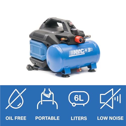ABAC Compresor de aire silencioso portátil EASE-AIR 6, Compresor de aire sin aceite, Presión máxima 8 bar, Potencia 0.75 Hp, Depósito 6 litros, Nivel sonoro 49 dB