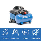 ABAC Compresor de aire silencioso portátil EASE-AIR 6, Compresor de aire sin aceite, Presión máxima 8 bar, Potencia 0.75 Hp, Depósito 6 litros, Nivel sonoro 49 dB