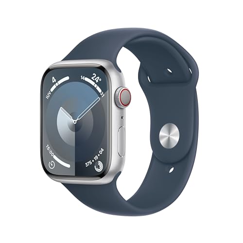 Apple Watch Series 9 [GPS + Cellular] Smartwatch con Caja de Aluminio en Plata de 45 mm y Correa Deportiva Azul tempestad - Talla M/L. Monitor de entreno, App Oxígeno en Sangre, Resistencia al Agua