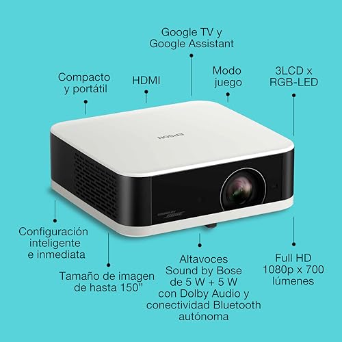 Epson Lifestudio Pop EF-61W Blanco Diamante Proyector Inteligente portátil, Sound by Bose, Google TV, Full HD, Uso Interior/Exterior, garantía de 5 años*