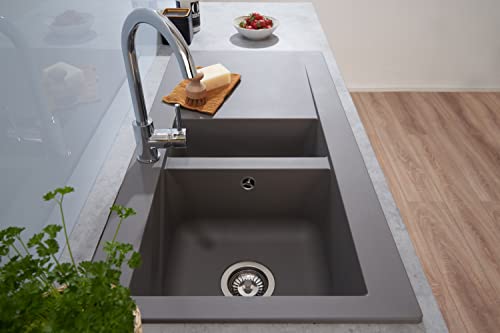 Respekta Denver Fregadero Mineralite de material compuesto en gris hormigón/Fregadero empotrado de 1,5 cubetas de 100 x 50 cm/Apto para bases a partir de 60 cm de ancho