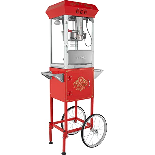 VEVOR Máquina para Hacer Palomitas de Maíz con Carrito, 850 W, Hervidor de 8 oz Que Prepara 48 Tazas por Tanda, con Vidrio Templado, Incluye 4 Palas, Estilo Cine, Color Rojo, 610 x 410 x 1395 mm