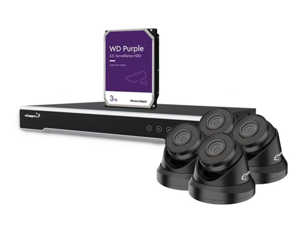 EtiamPro Kit de videovigilancia HD con 4 cámaras IP Negras, Grabador de Red (NVR) PoE de 8 Canales y Cables CAT6 de 20 m, Disco Duro de 3 TB, Ampliable con cámaras IP