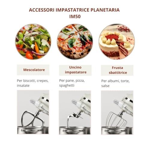 Girmi IM50 Amasadora planetaria, 2200 W Max, 8 litros, 6 velocidades, Pulse, recipiente inoxidable con asa, dispositivo de seguridad, accesorios incluidos, crema