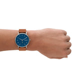 Skagen Kuppel Reloj para Hombre, Movimiento cronógrafo de Cuarzo con Correa de Acero Inoxidable o Piel, Marrón y Azul, 44MM