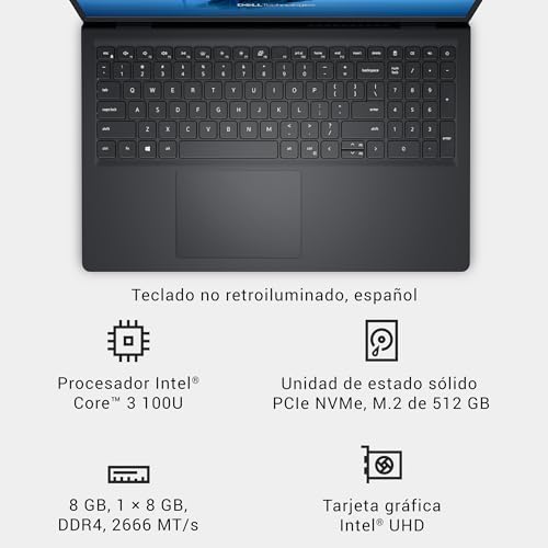 Dell 15 Ordenador Portátil DC15250 15.6" FHD 120Hz, Intel Core i3-1300U, 8GB RAM DDR4, 512GB SSD, Intel UHD, Windows 11 Home, Teclado retroiluminado QWERTY Español – Negro Carbón
