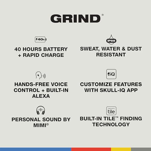 Skullcandy Grind Auriculares In-Ear Inalámbricos, 40 h de Autonomía, Skull-iQ, con Alexa Habilitada, Micrófono, Compatibles con iPhone Android y Dispositivos Bluetooth - Gris Claro