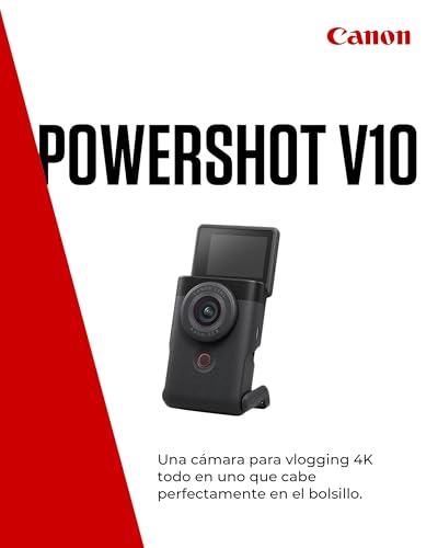 Canon Powershot V10 Starter Kit + Accesorios + Memoria 64GB, Cámara Vlogging y Streaming, Sensor 1" 20,9 MP, Vídeo 4K, Objetivo 19mm, WiFi, Bluetooth y USB-C, Pantalla Táctil Ángulo Variable, Negro