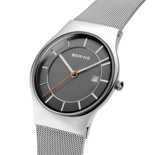 BERING 11938-007 Reloj de cuarzo para hombre con caja de acero inoxidable de 40 mm con acabado en gris y esfera gris, correa milanesa, cristal de zafiro y resistencia al agua de 3 ATM